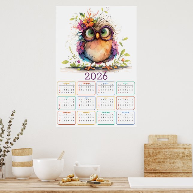 Póster Plumas y Flores: Calendario de Búhos 2026 (Cocina)