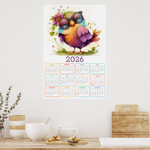 Póster Plumas y Flores: Calendario de Búhos 2026