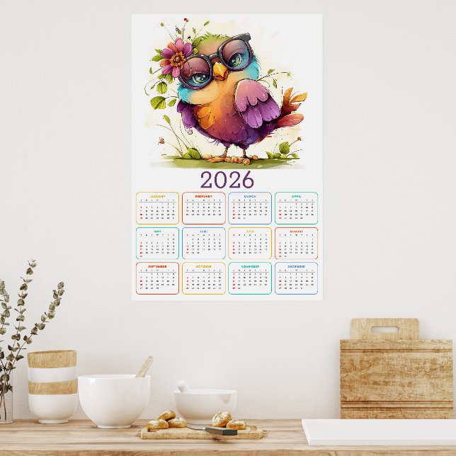 Póster Plumas y Flores: Calendario de Búhos 2026 (Cocina)