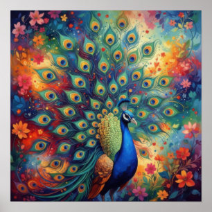Póster Plumas y flores de pavo real coloridas