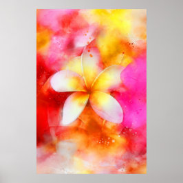 Póster Plumeria hawaiana en neón rosa, amarillo y blanco