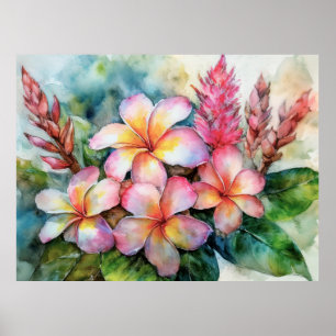 Póster Plumeria hawaiana y jengibre rosado