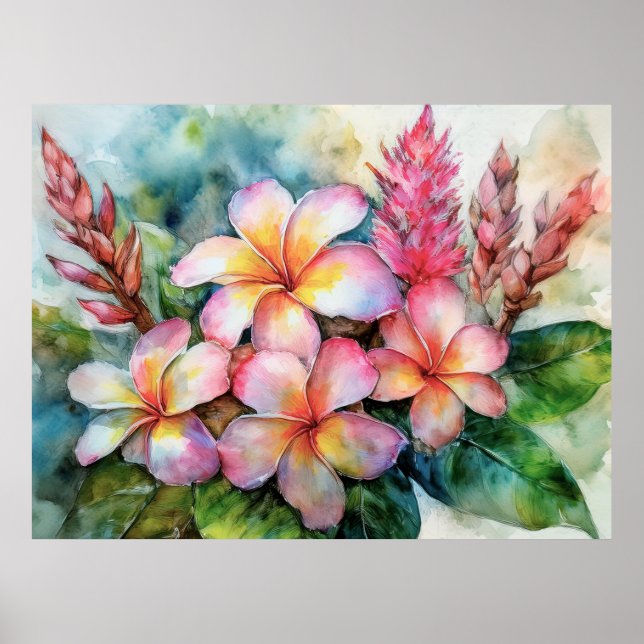 Póster Plumeria hawaiana y jengibre rosado (Frente)
