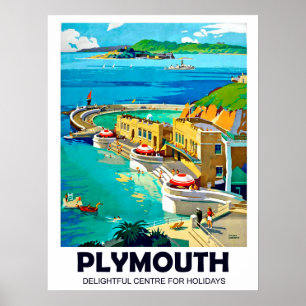 Póster Plymouth, paisaje costero, viaje vintage