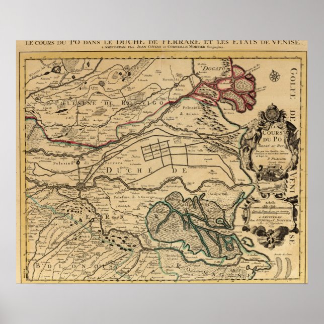 Póster Po River Valley engraved map (Frente)