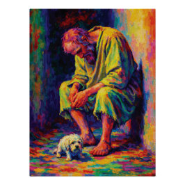 Póster Pobre anciano con pequeño perro conmovedor