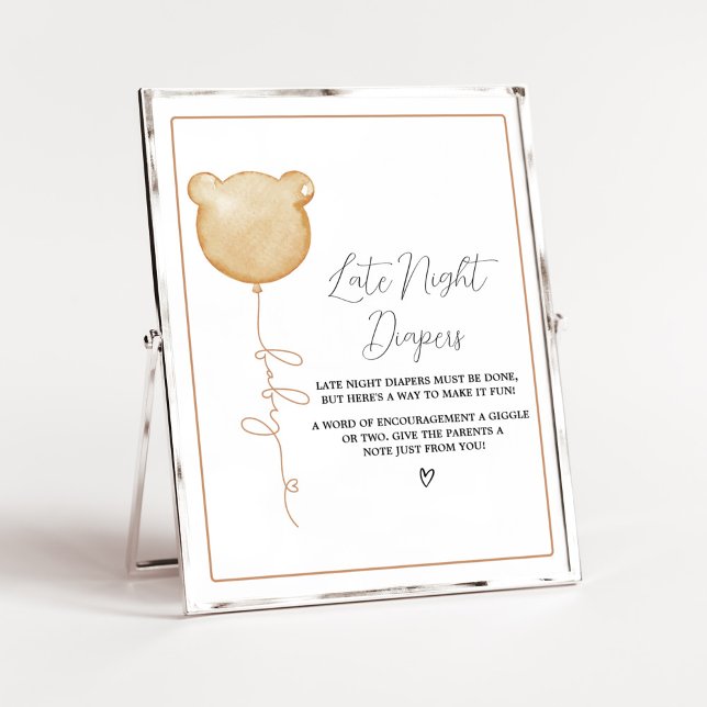 Póster Podemos esperar a BrownBalloon a los pañales noctu (Gender Neutral Minimalist Bear Baby Shower Late Night Diapers Sign)