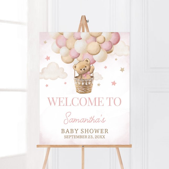 Póster Podemos Esperar A La Bienvenida Del Oso Rosado (Girl Teddy Bear Balloon Baby Shower Welcome Sign)