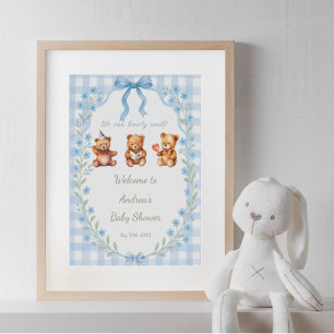 Póster Podemos Esperar A La Bienvenida Floral Blue Gingha