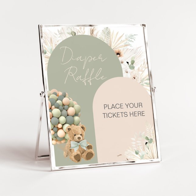 Póster Podemos Esperar A Que El Diaper Verde De Baby Show (Green Boho Teddy Bear Baby Shower Diaper Raffle Sign)