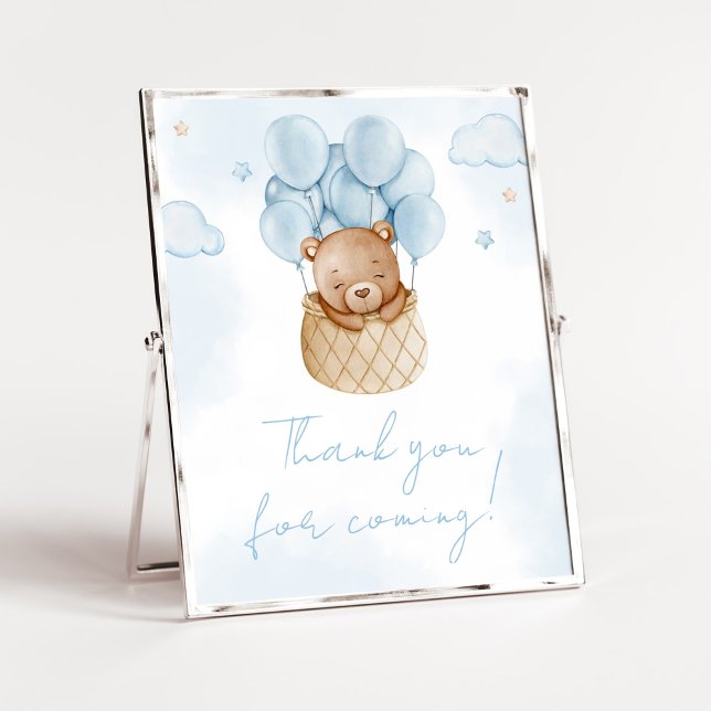 Póster Podemos esperar aire caliente gracias por venir (Blue Teddy Baby Bear Baby Shower Thank you for Coming Sign)