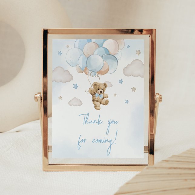 Póster Podemos esperar al oso gracias por venir (Teddy Bear Balloon Baby Shower Thank you for Coming Sign)
