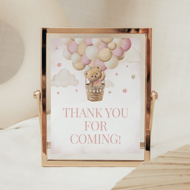 Póster Podemos esperar al oso rosa gracias por venir (Girl Teddy Bear Balloon Baby Shower Thank you for Coming Sign)