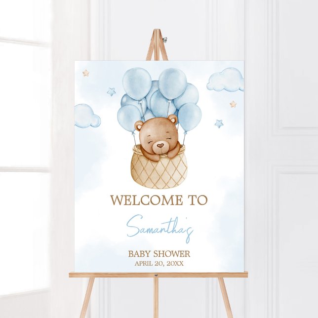 Póster Podemos Esperar Bebés De Aire Caliente Bebé Bienve (Blue Teddy Baby Bear Baby Shower Welcome Sign)