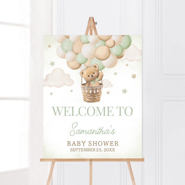 Póster Podemos Esperar El Bienvenida Del Oso Verde (Boho Green Teddy Bear Baby Shower Welcome Sign)