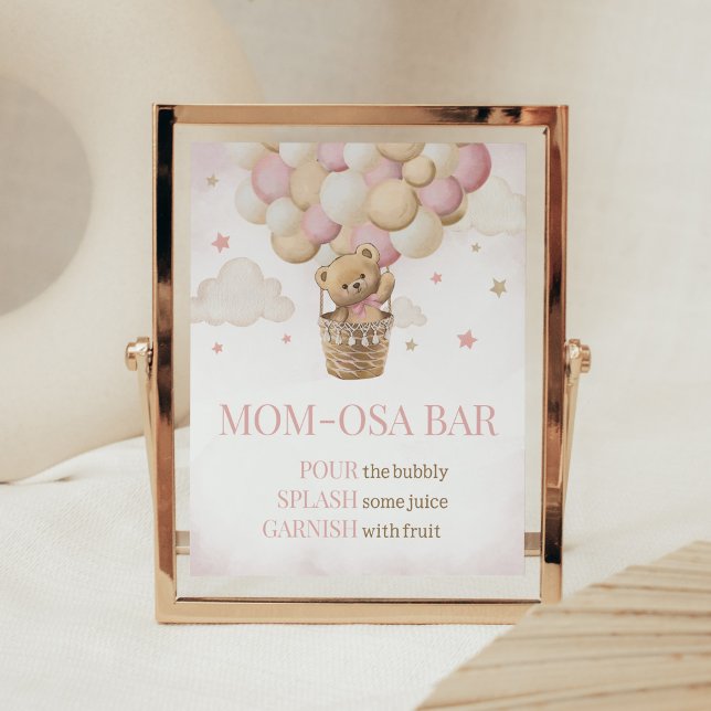 Póster Podemos Esperar El Oso Rosa Mamá Osa Bar (Girl Teddy Bear Balloon Baby Shower Mom Osa Bar Sign)