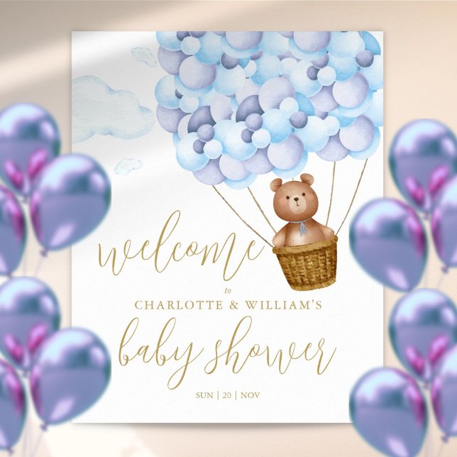 Póster Podemos esperar el signo de bienvenida azul de Bab (We Can Bearly Wait Blue Baby Shower Welcome Sign)