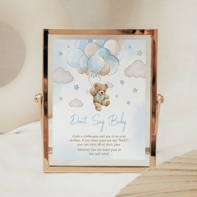 Póster Podemos esperar en globo de oso no decir bebé (Teddy Bear Balloon Baby Shower Don't Say Baby Sign)