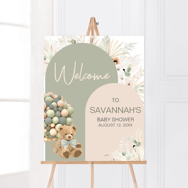 Póster Podemos Esperar La Bienvenida Verde De Baby Shower (Green Boho Teddy Bear Baby Shower Welcome Sign)