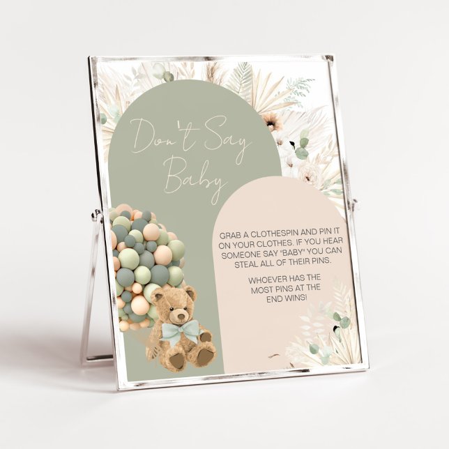 Póster Podemos esperar verde no decir bebé (Green Boho Teddy Bear Baby Shower Don't Say Baby Sign)