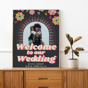Póster Poder de la Flor Bienvenida de Boda Retro Groovy 7
