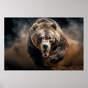 Póster Poder feroz de retrato animal salvaje de oso pardo