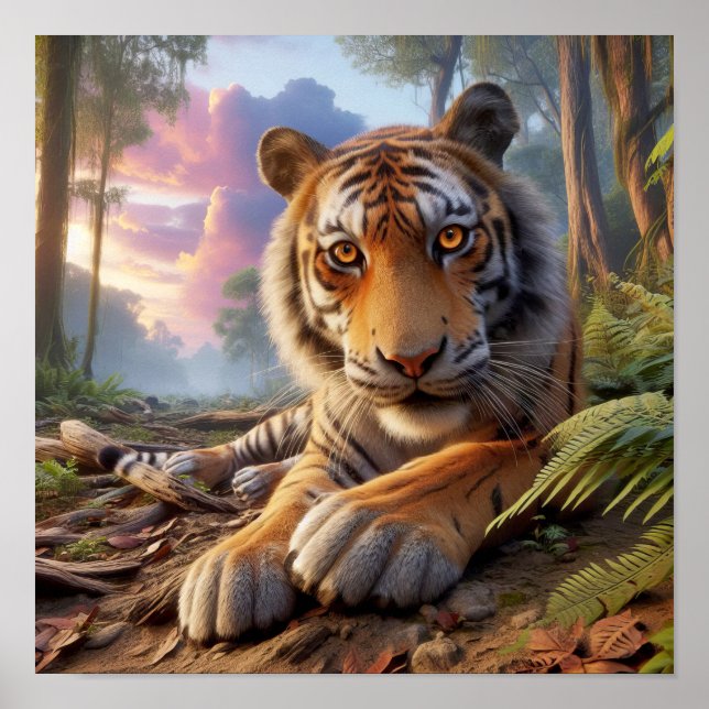 Póster Poderoso tigre de Bengala en la selva salvaje (Frente)