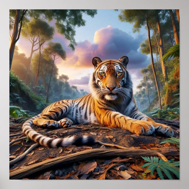 Póster Poderoso tigre de Bengala en la selva salvaje (Frente)