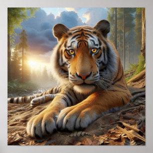 Póster Poderoso tigre de Bengala en la selva salvaje