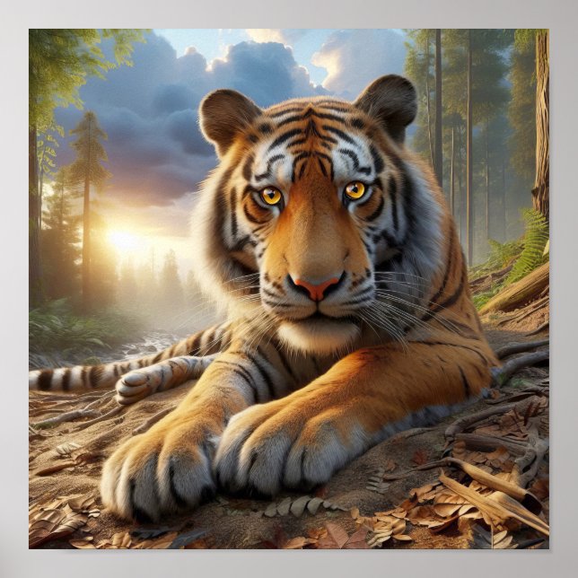 Póster Poderoso tigre de Bengala en la selva salvaje (Frente)