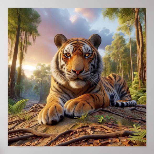Póster Poderoso tigre de Bengala en la selva salvaje (Frente)
