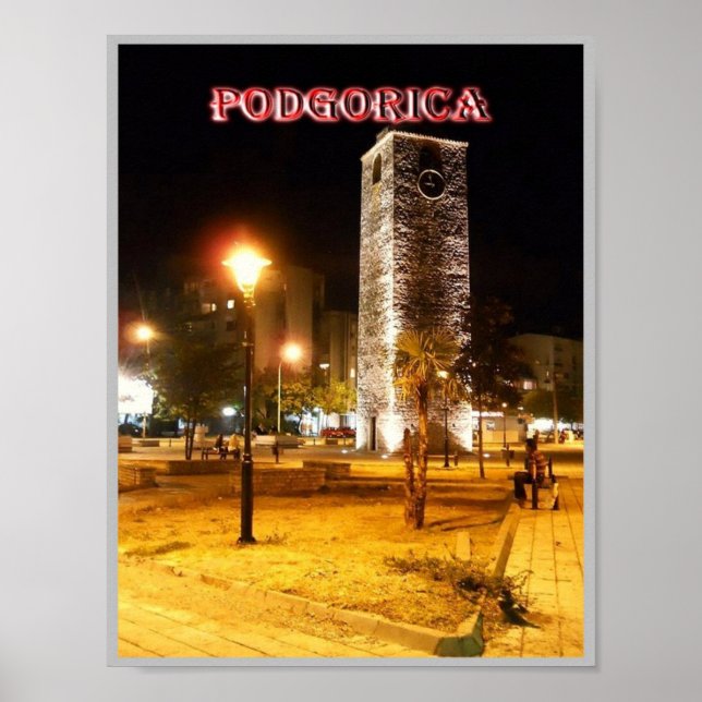 Póster Podgorica - Montenegro - La Torre del Reloj de noc (Frente)