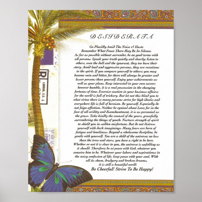Póster Poema de Desiderata con palmera y mariposa (Frente)