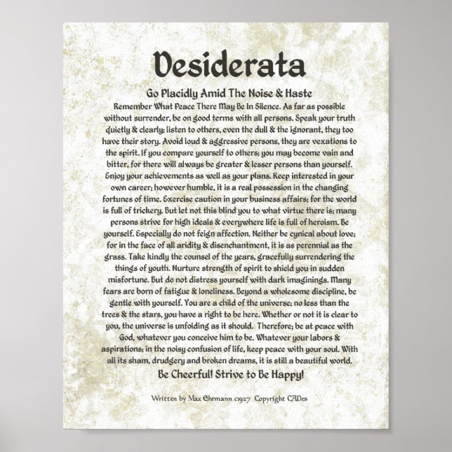 Póster Poema de DESIDERATA Max Ehrmann-caligrafía medieva (Frente)