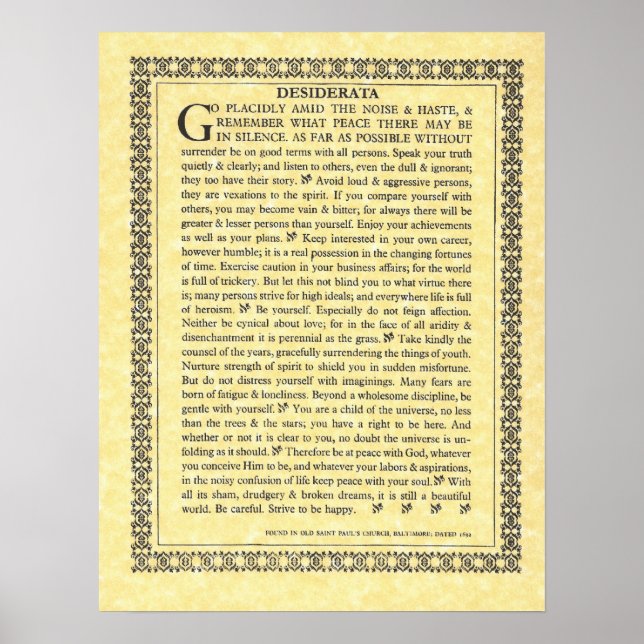 Póster Poema de DESIDERATA=Max Ehrmann=Colección de perga (Frente)