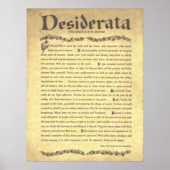 Póster Poema de DESIDERATA=Max Ehrmann=Colección de perga (Frente)