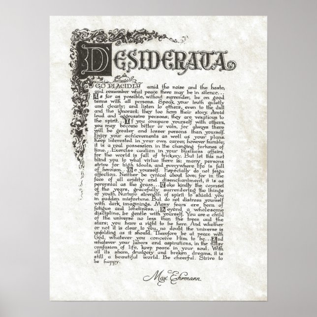 Póster Poema de DESIDERATA=Max Ehrmann=Colección de perga (Frente)
