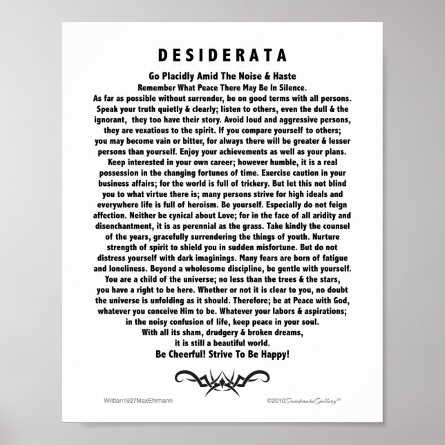 Póster Poema de Desiderata motivacional de Max Ehrmann (Frente)
