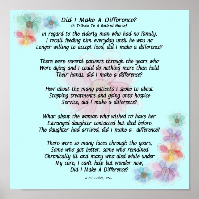Póster Poema de enfermera jubilada "¿Hice La Diferencia?" (Frente)