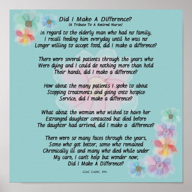 Póster Poema de enfermera jubilada "¿Hice La Diferencia?" (Frente)