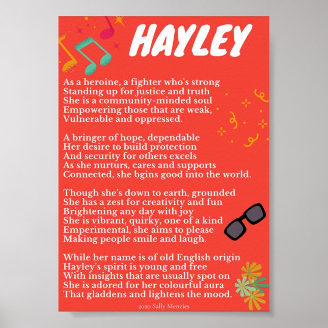 Póster Poema de nombre "Hayley" (Frente)