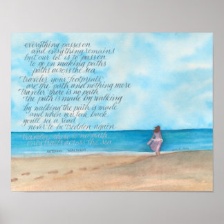 Póster Poema de viajero caligráfico en playa acuarela