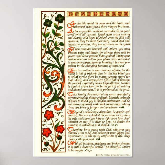 Póster Poema Desiderata de Max Ehrmann Hand Calligraphy (Frente)