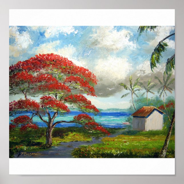 Póster Poinciana real y palmeras (Frente)