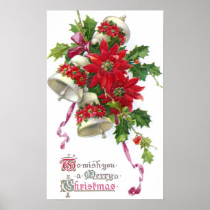 Póster Poinsettia Bells y Holly Vintage Christmas