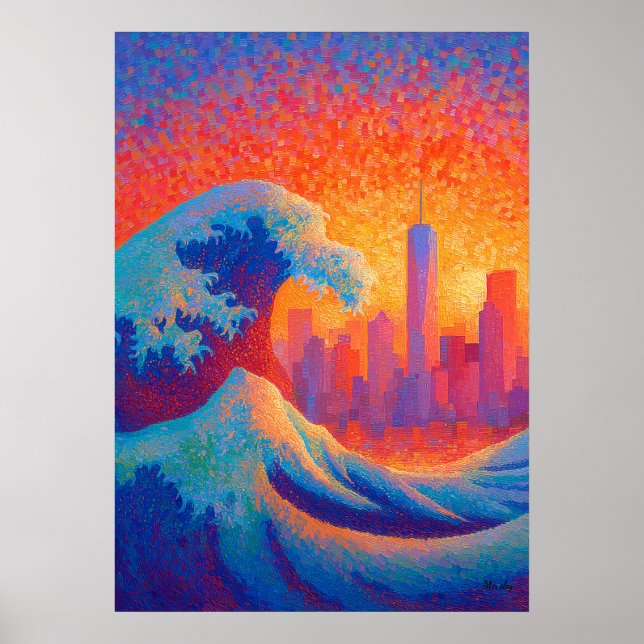 Póster Pointillism Ocean Wave New York Skyline (Frente)