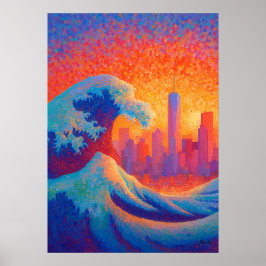 Póster Pointillism Ola del Océano Silueta de Nueva York