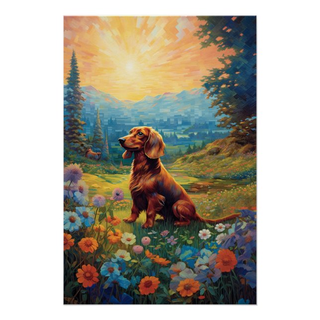 Póster Pointillismo: Dachshund explorando un prado (Anverso)