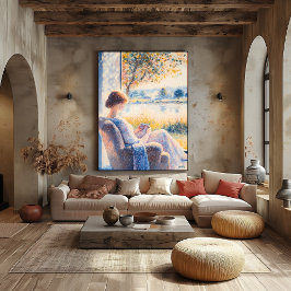 Póster Pointillismo Mujer por ventana con vista solar