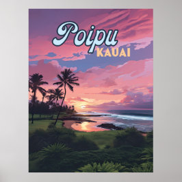 Póster Poipu Kauai Hawaii Beach Palm Tretro